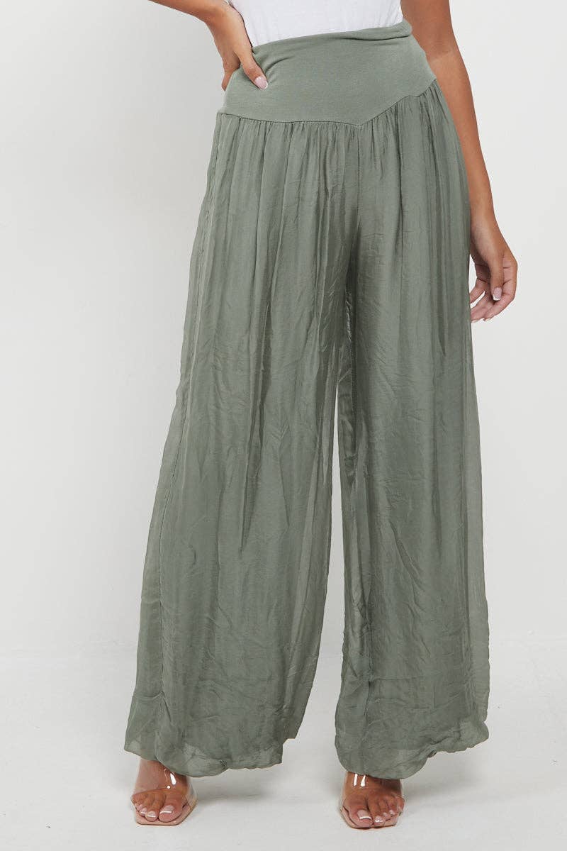 Italian Ladies Plain Wide Leg Silk Palazzo Trouser: Navy / One Size (UK 10-16)