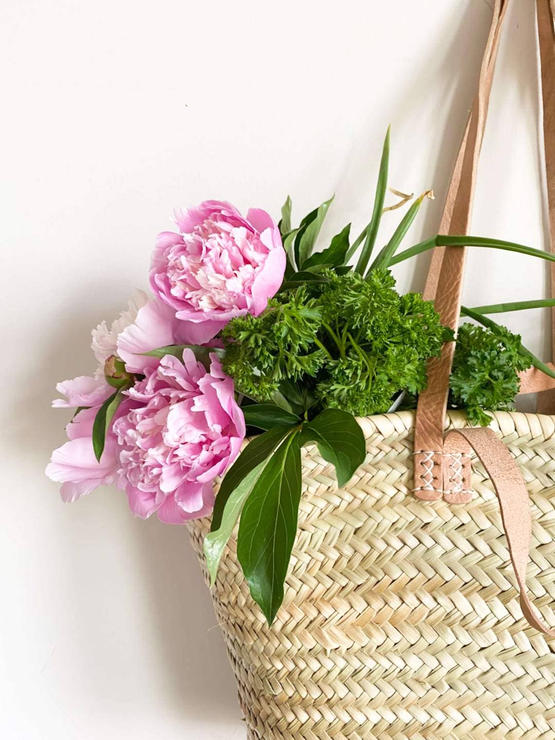 Handmade Straw Bag with Leather Handles, French Market Bag: Brown