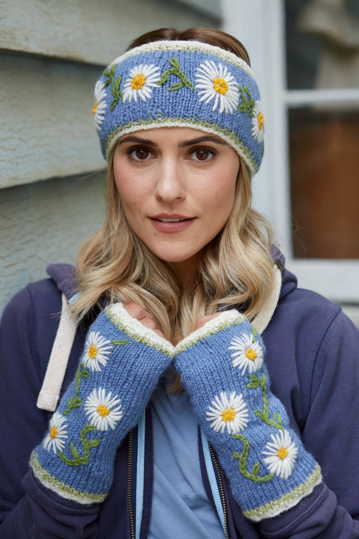 Daisy Chain Blue Fleece Lined Knit Wool Ear Warmer Headband: Jacaranda
