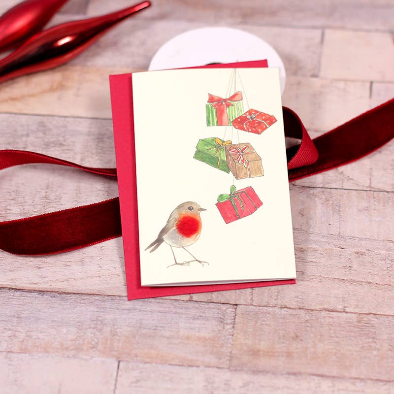 Mini Robin and presents Card | Hand finished with wool