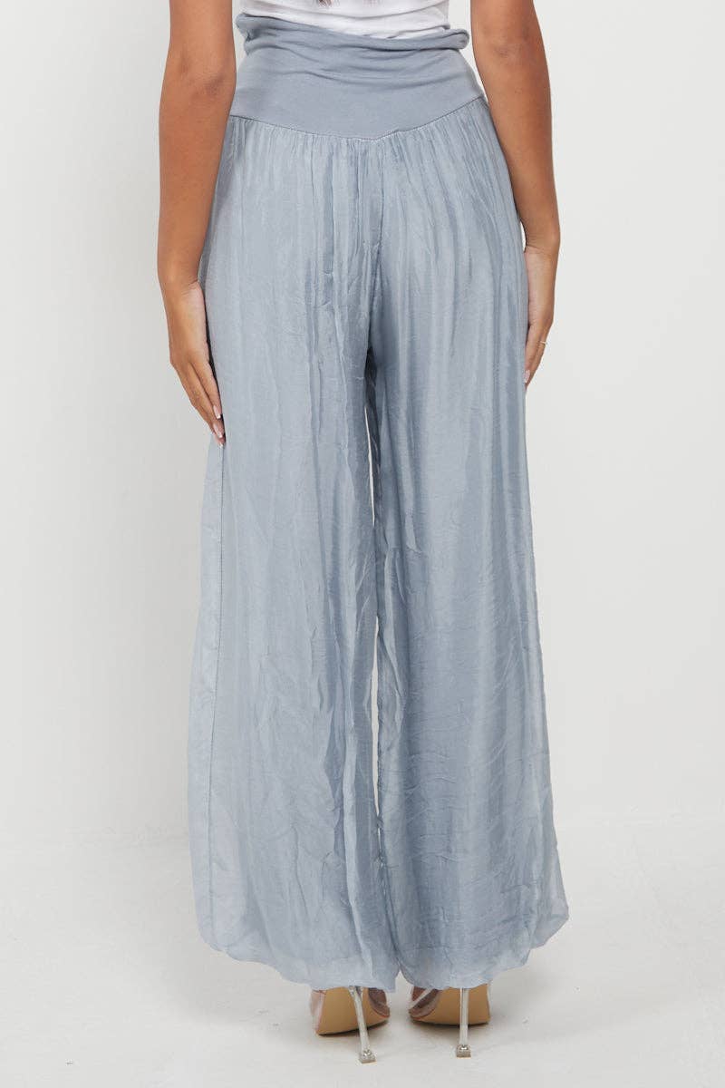 Italian Ladies Plain Wide Leg Silk Palazzo Trouser: Navy / One Size (UK 10-16)