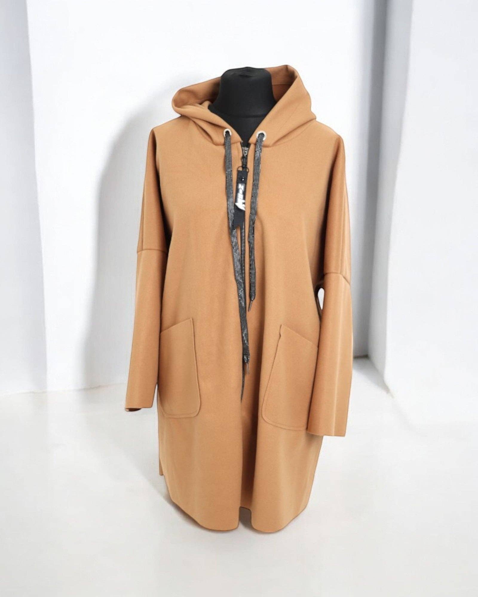 Italian Oversized Longsleeve Zip Up Drawstring Hooded Jacket: Beige / One Size To Fit UK 8-22