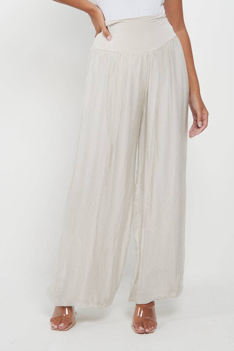 Italian Ladies Plain Wide Leg Silk Palazzo Trouser: Beige / One Size (UK 10-16)