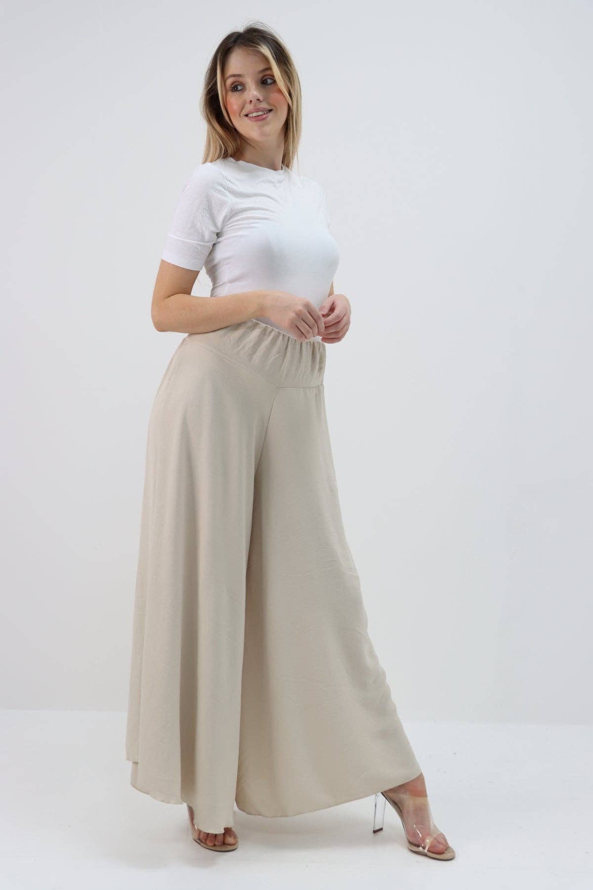 Italian Plain Palazzo Trousers: Beige / One Size (UK 10-24)