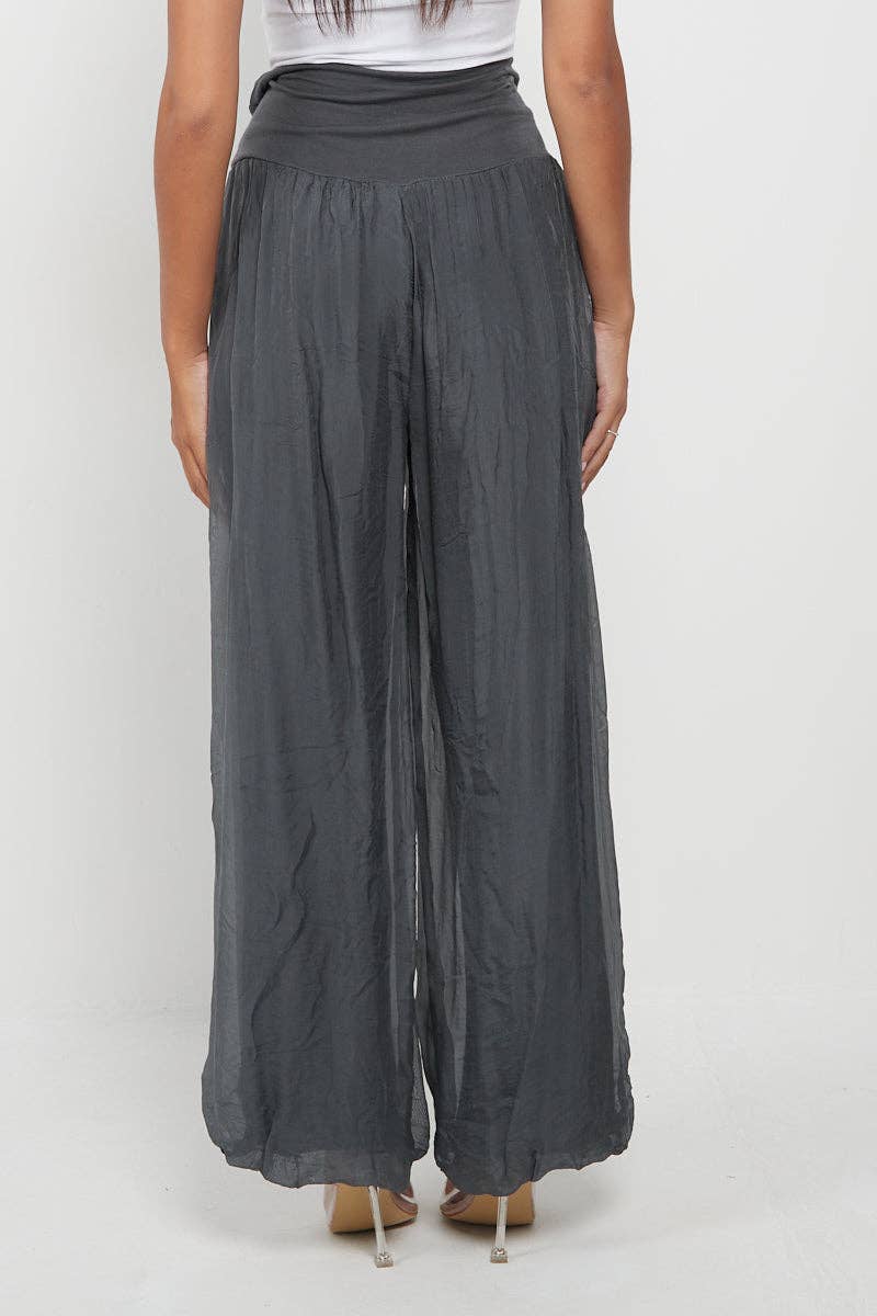 Italian Ladies Plain Wide Leg Silk Palazzo Trouser: Beige / One Size (UK 10-16)