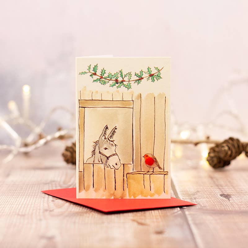 Mini Donkey and Robin Christmas card| Hand finished