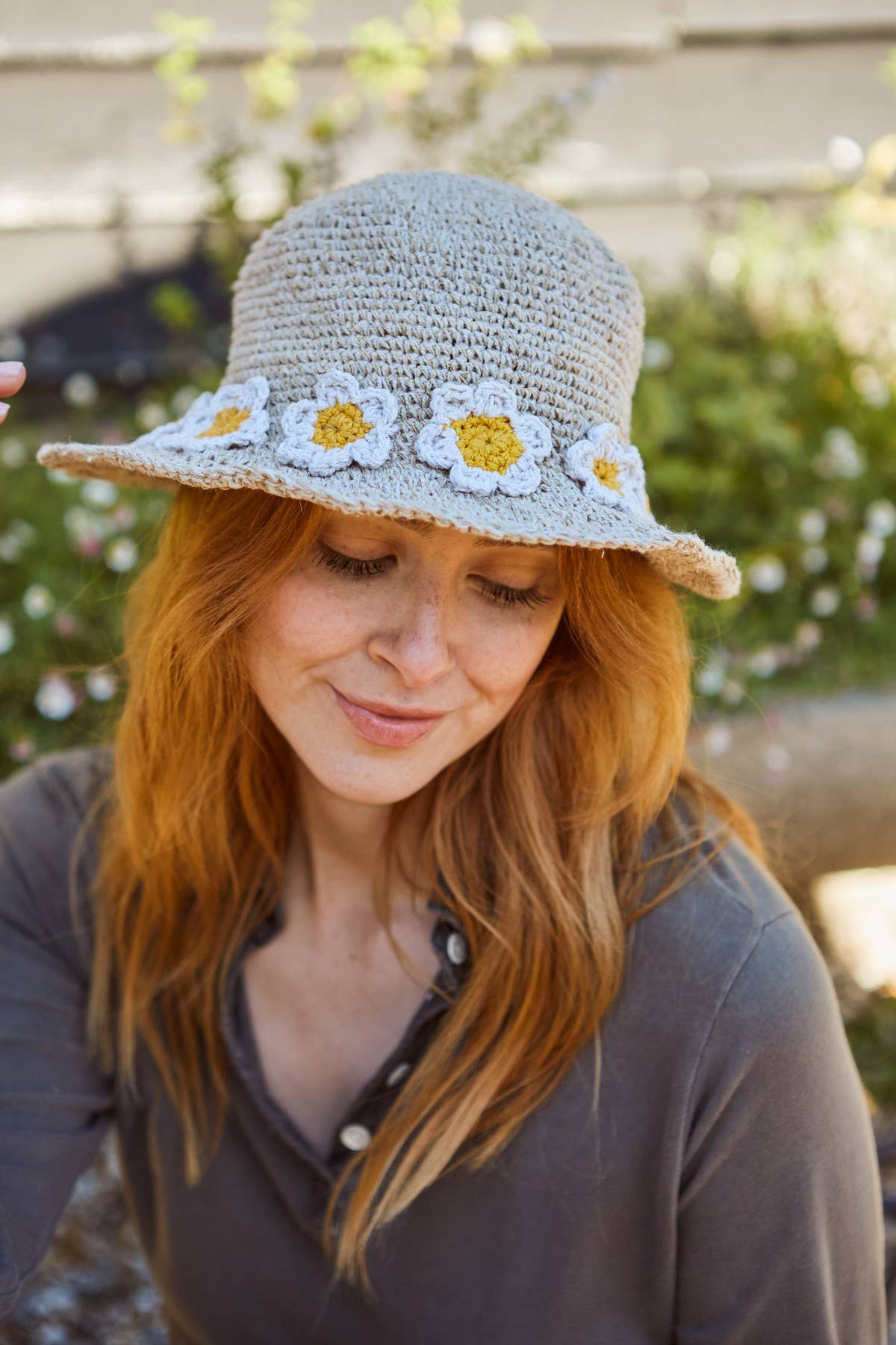 Crocheted Hemp Cotton Sun Hat Embroidered Daisy Chain Oat: One Colour
