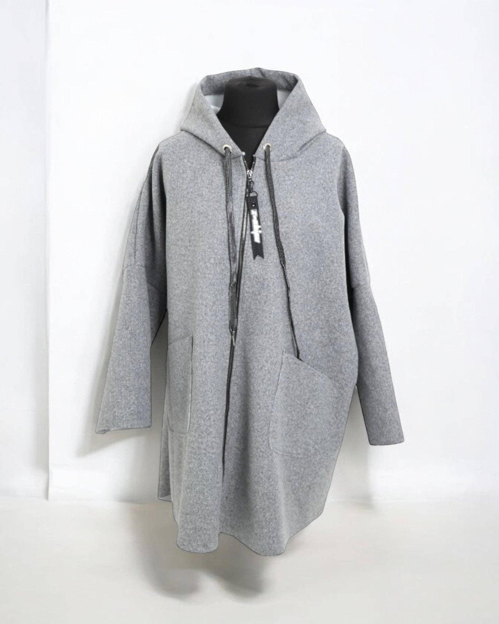 Italian Oversized Longsleeve Zip Up Drawstring Hooded Jacket: Beige / One Size To Fit UK 8-22