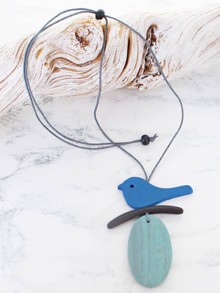FB1604BLU WOODEN BIRD PENDANT NECKLACE