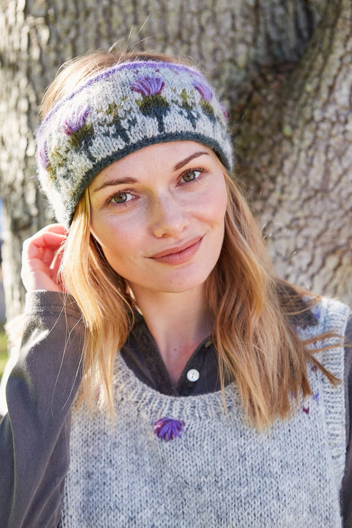 Scottish Thistle Knit Ear Warmers Grey Wool Floral: One Colour