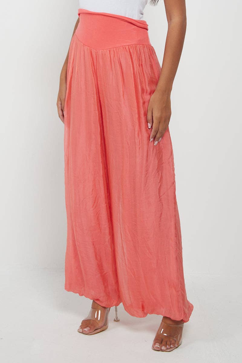 Italian Ladies Plain Wide Leg Silk Palazzo Trouser: Beige / One Size (UK 10-16)