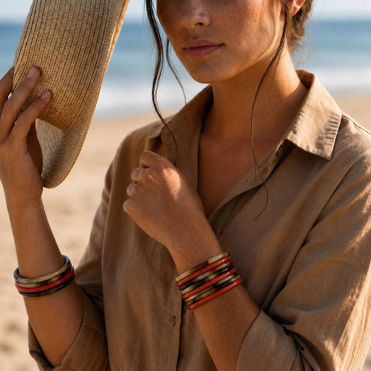 Zuri Set of three Slim orange and brown Natural Horn Bangles