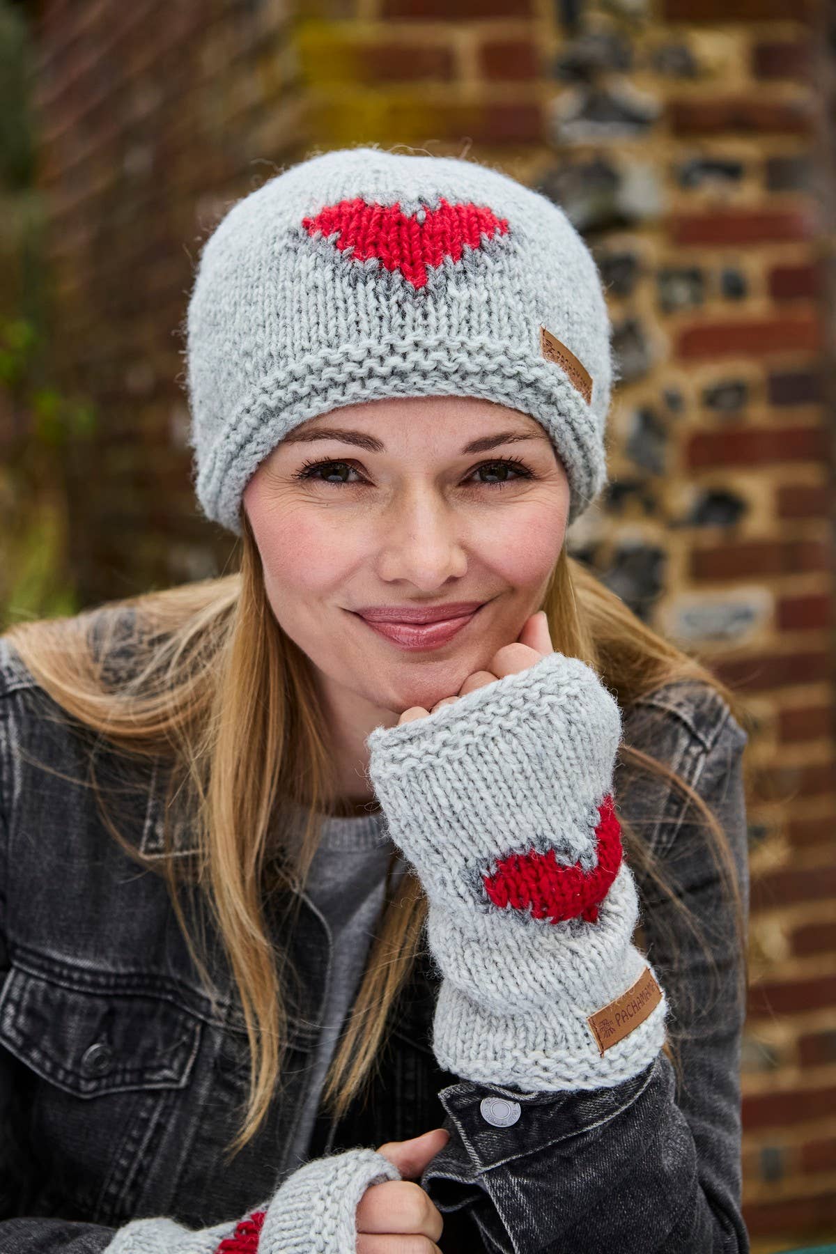 Heart - Natural Hand Knitted Wool Red Heart Fingerless Glove: One Colour