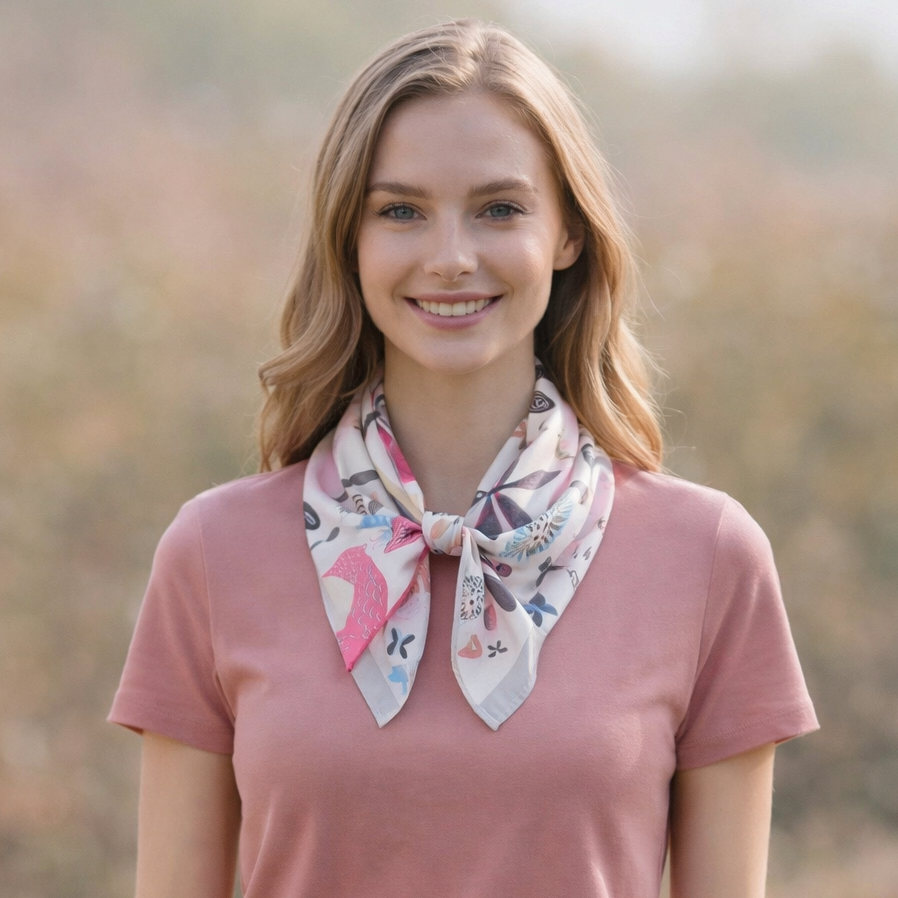 Birds & Bugs Square Silk Feel Scarf (70x70cm) - Grey