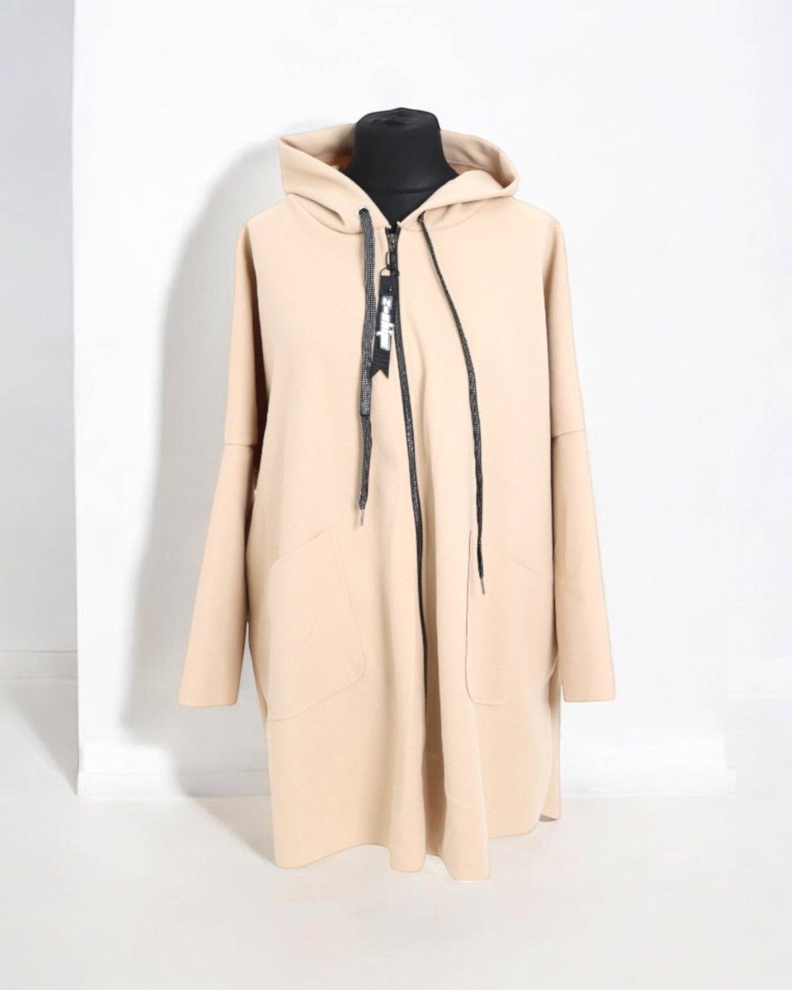 Italian Oversized Longsleeve Zip Up Drawstring Hooded Jacket: Beige / One Size To Fit UK 8-22