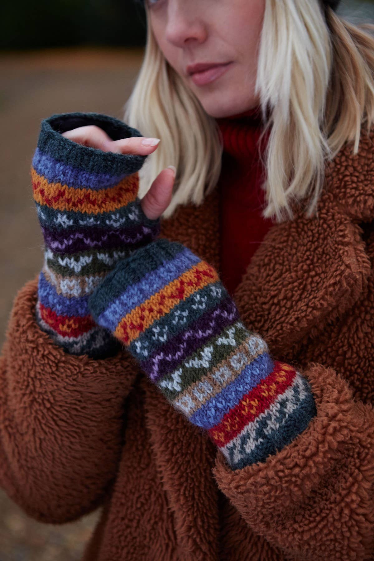 Elveden - Knitted Wool Earthy Green Fair Isle Handwarmers: One Colour