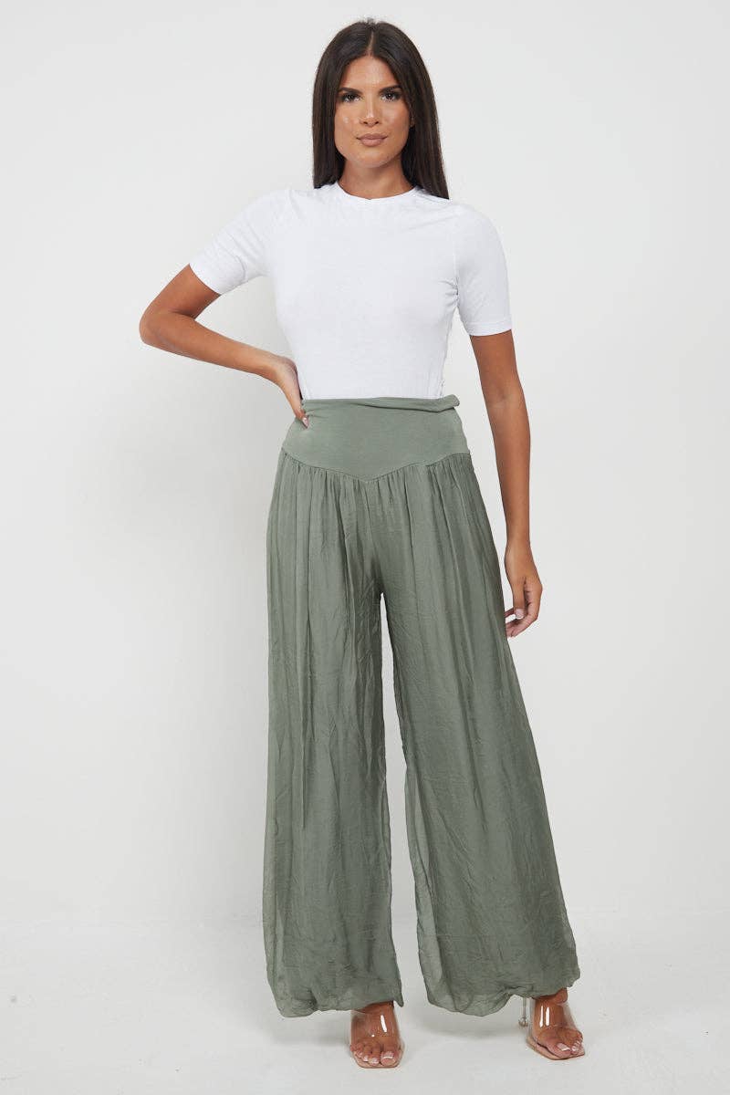 Italian Ladies Plain Wide Leg Silk Palazzo Trouser: Navy / One Size (UK 10-16)