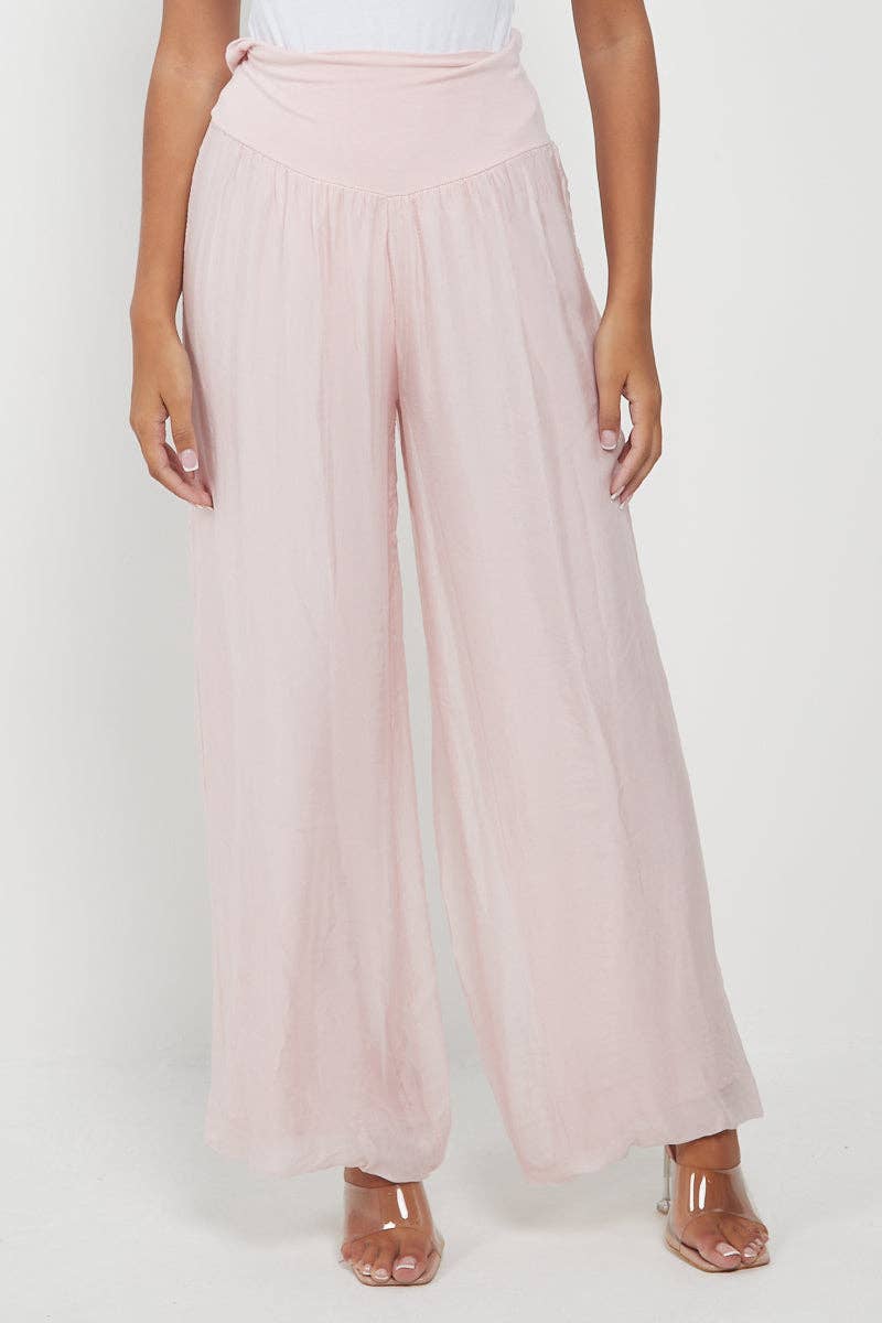 Italian Ladies Plain Wide Leg Silk Palazzo Trouser: Beige / One Size (UK 10-16)