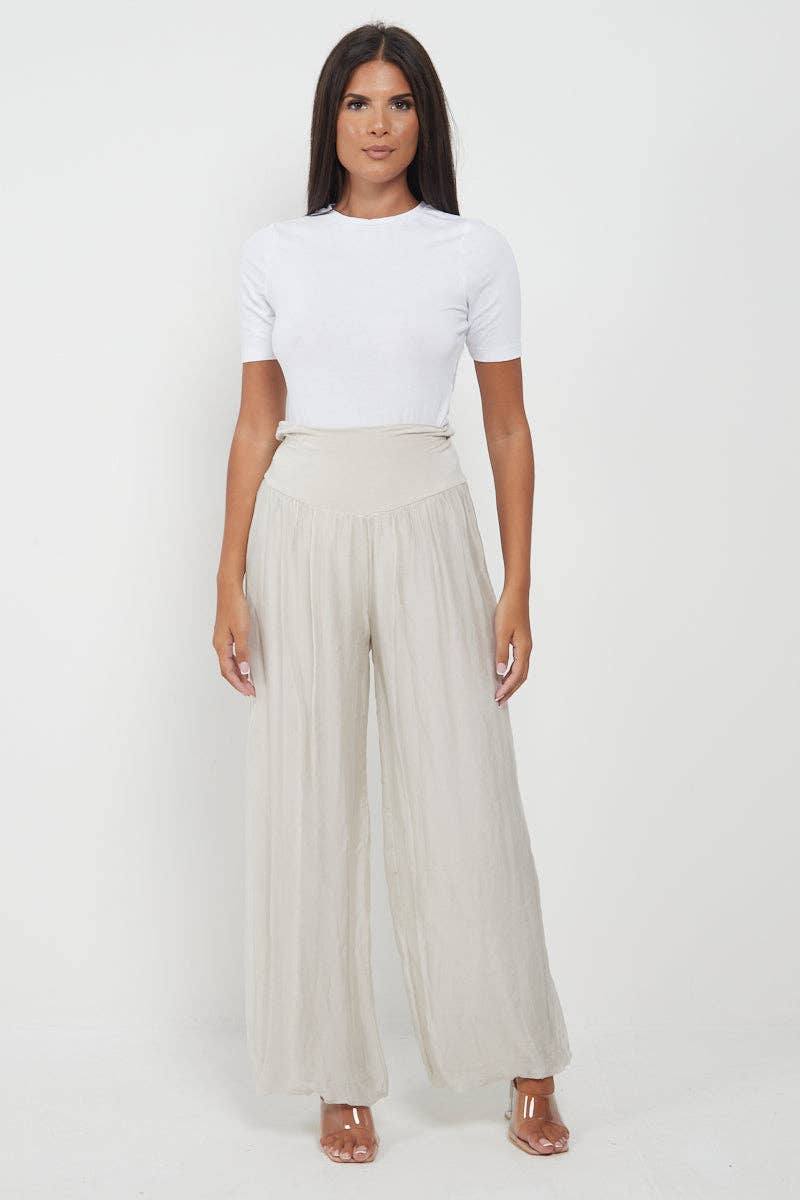 Italian Ladies Plain Wide Leg Silk Palazzo Trouser: Beige / One Size (UK 10-16)