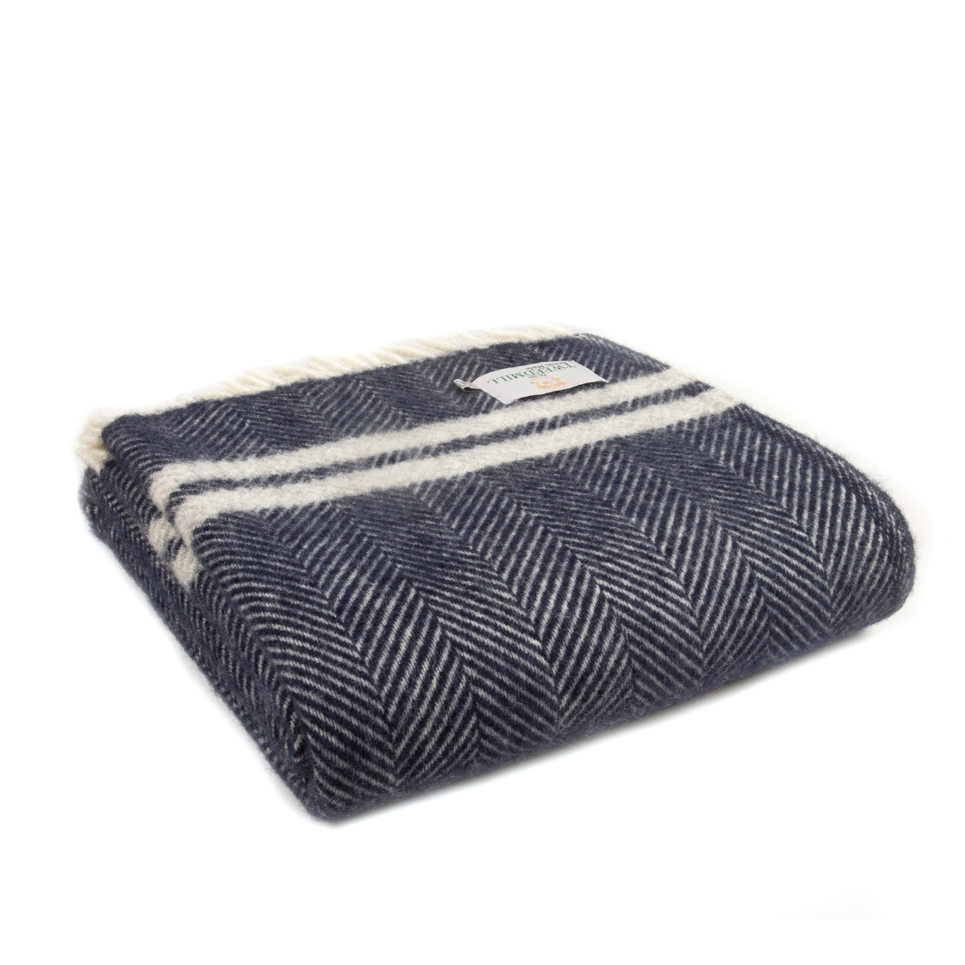 Fishbone 2 Striped Pure New Wool Throw : Navy & Grey