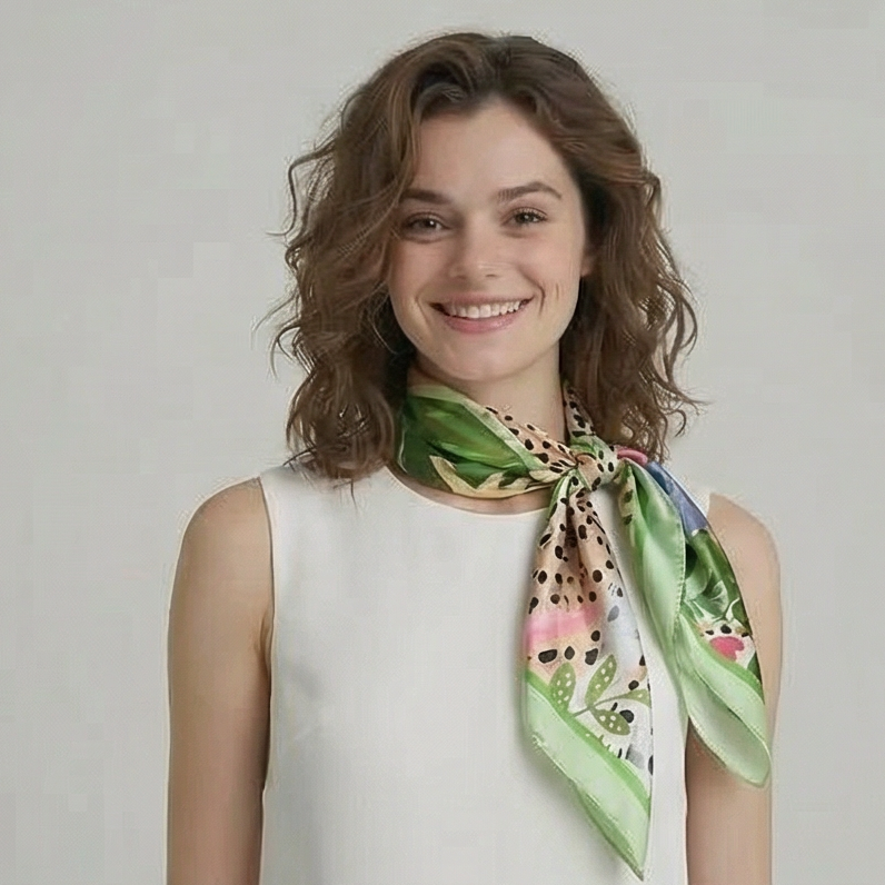 Tropical Leopard Square Silk Feel Scarf (70x70cm) - Green