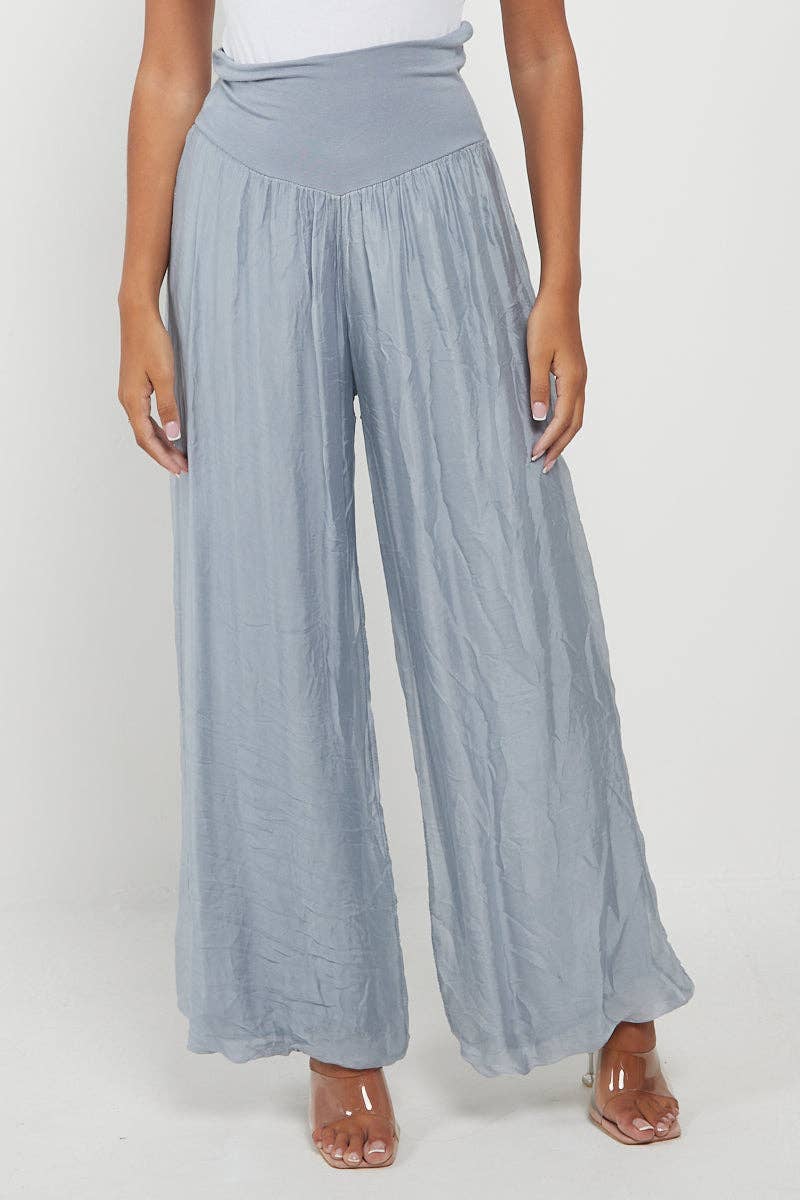 Italian Ladies Plain Wide Leg Silk Palazzo Trouser: Navy / One Size (UK 10-16)