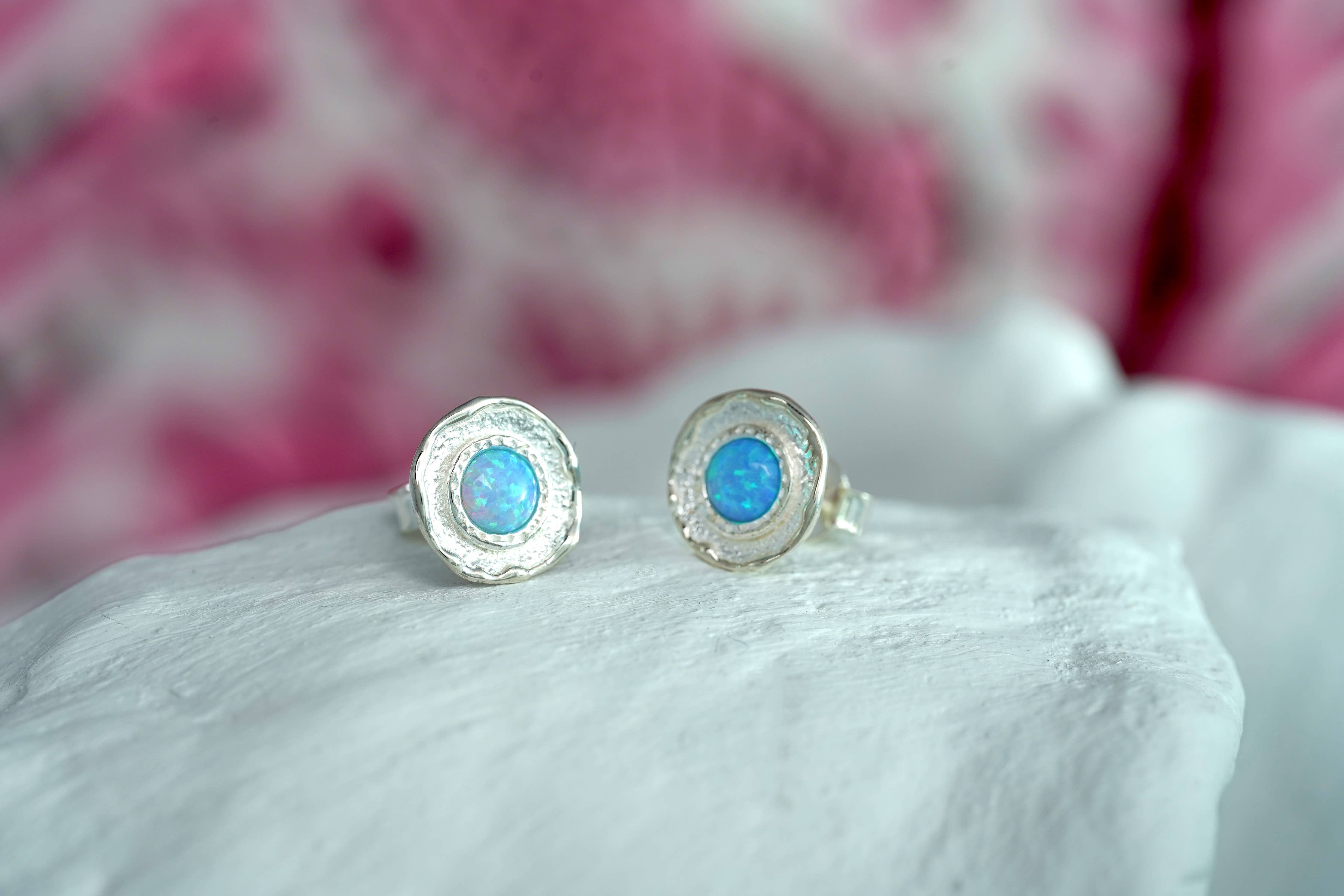 Silver Blue Opalite Stud Earrings