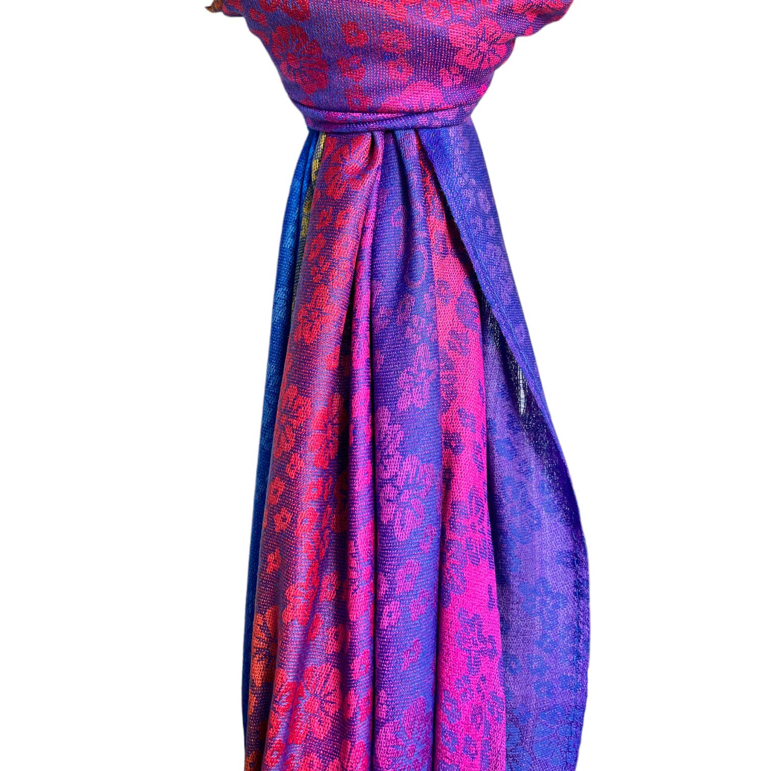 Rainbow Pashmina sakura flower print with tassels: Hot Pink