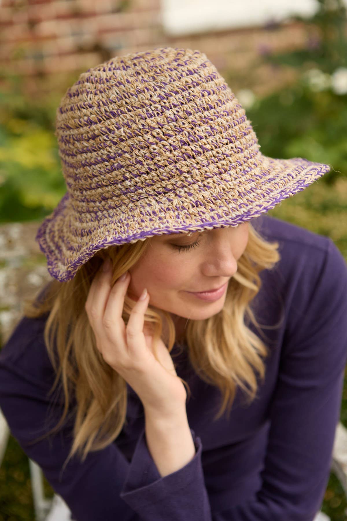 Crocheted Hemp Cotton Sun Hat Purple: One Colour