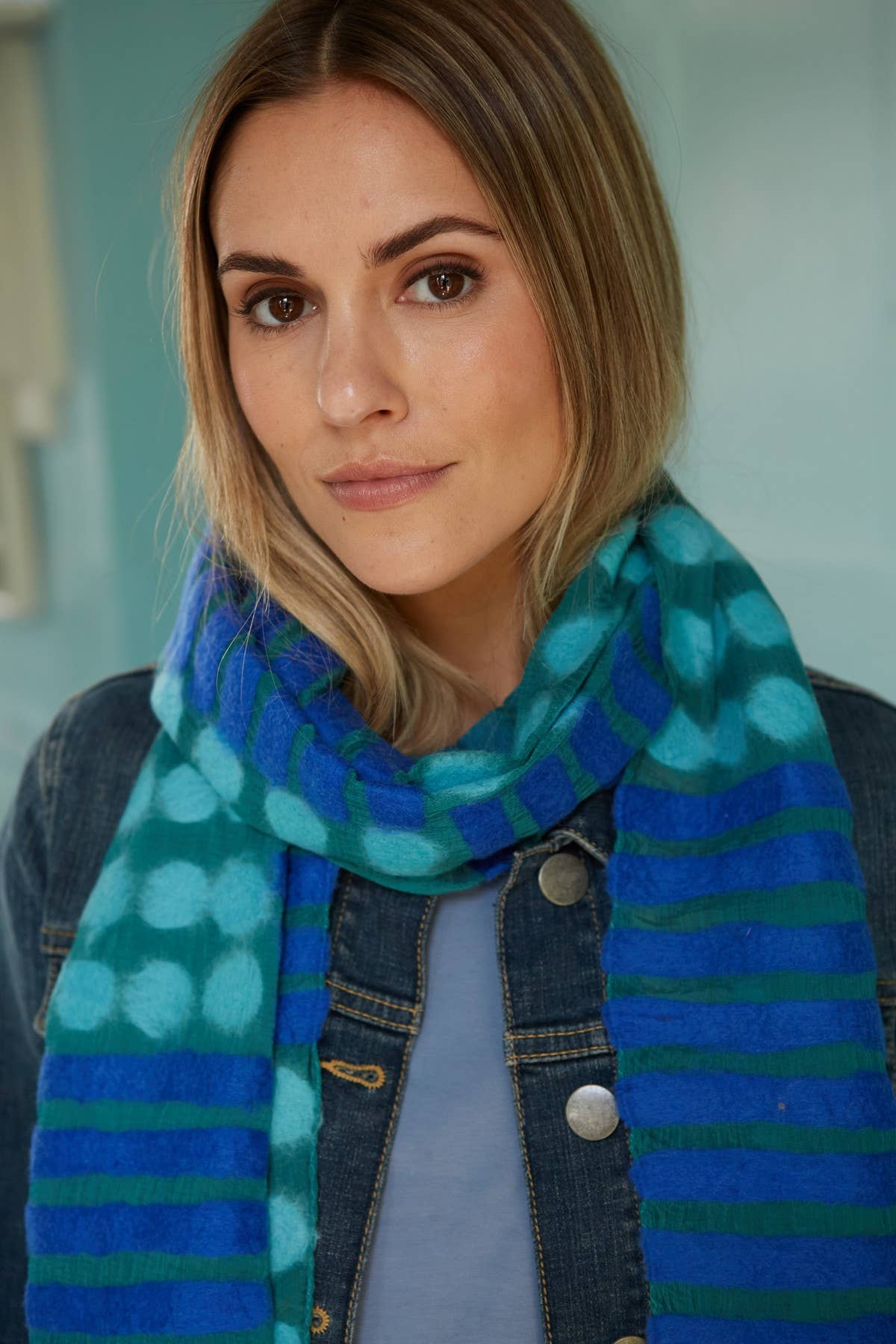 Spots and Stripes Felted Wool Scarf Shades of Blue: Blue
