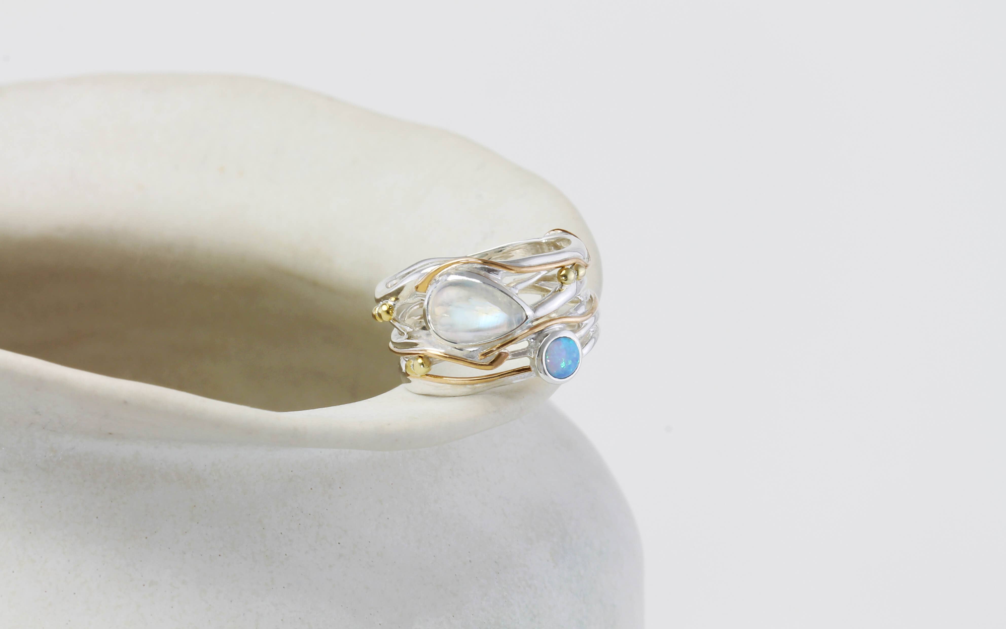 Handmade Sterling SilverMoonstone and Opalite Statement Ring: P