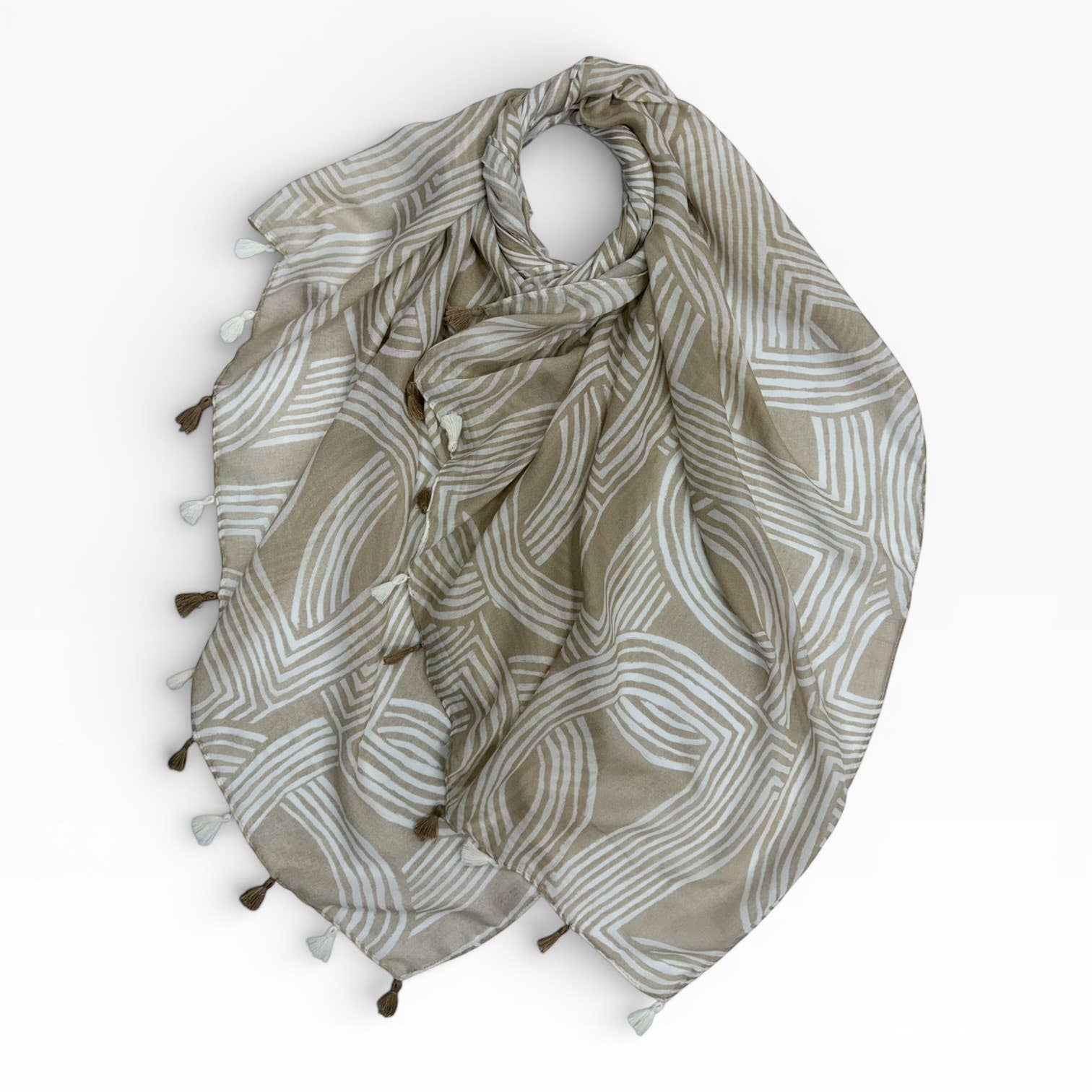 Abstract Line Print Tassel Scarf: Off-White