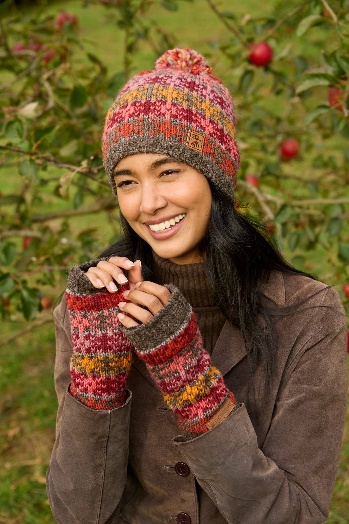 Tintagel Earth Fair Isle Pattern Bobble Hat Fine Knit Wool: Warm