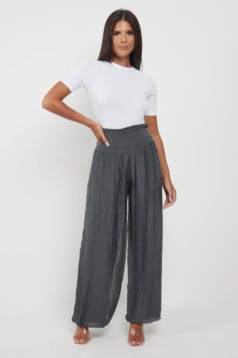 Italian Ladies Plain Wide Leg Silk Palazzo Trouser: Beige / One Size (UK 10-16)