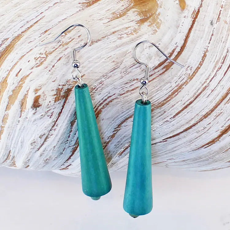Teal Wooden Cone Earrings