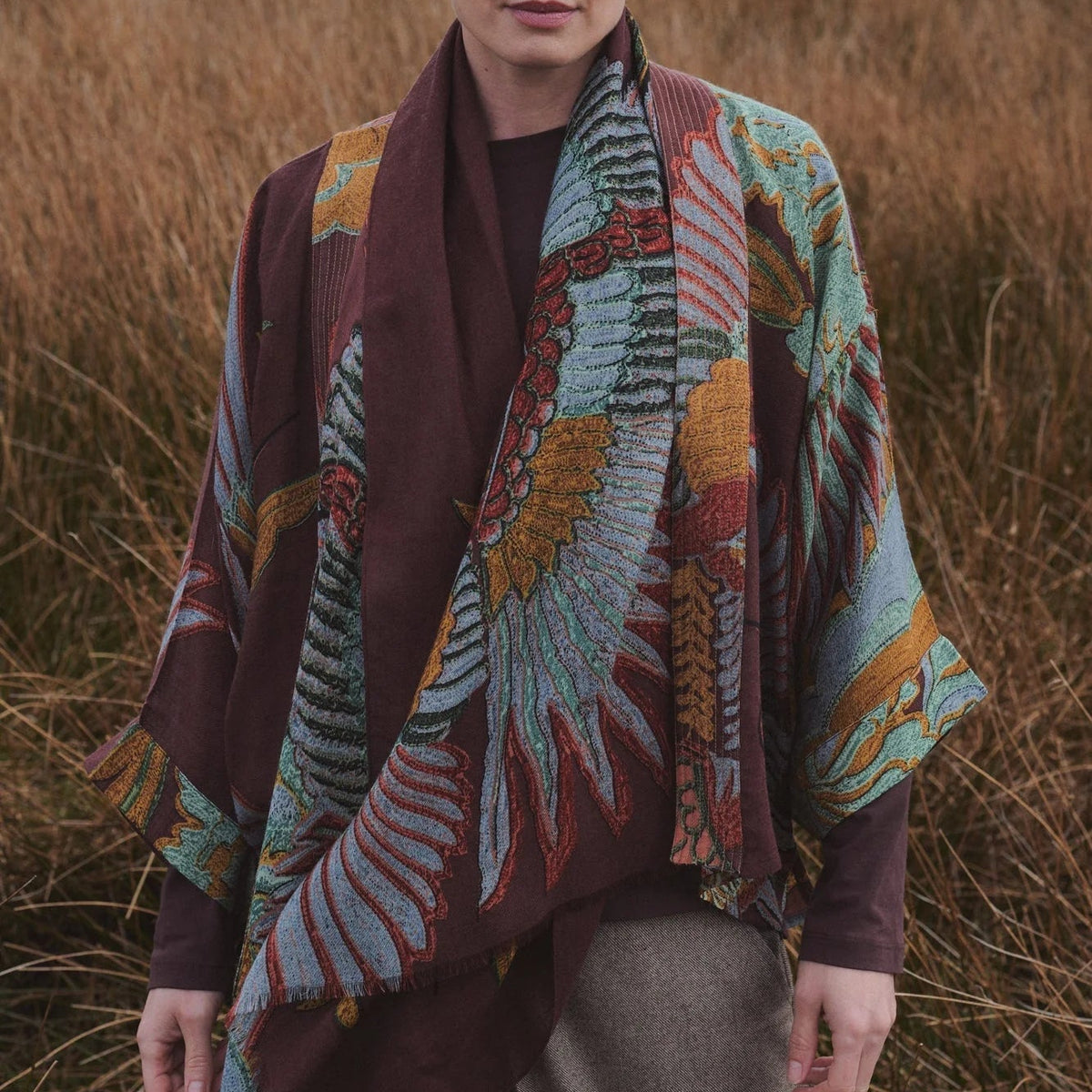 Crane Brown Wool Kimono