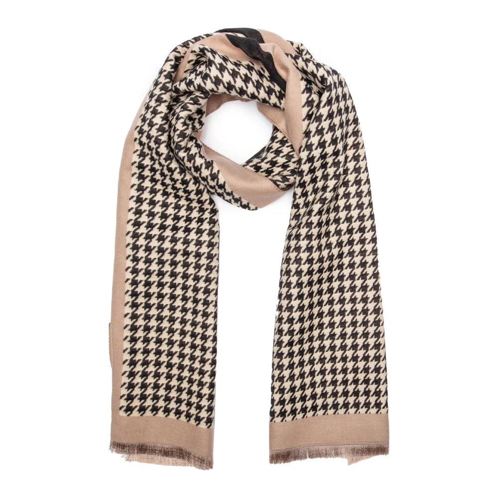 Beige and black houndstooth winter scarf with fringed edges