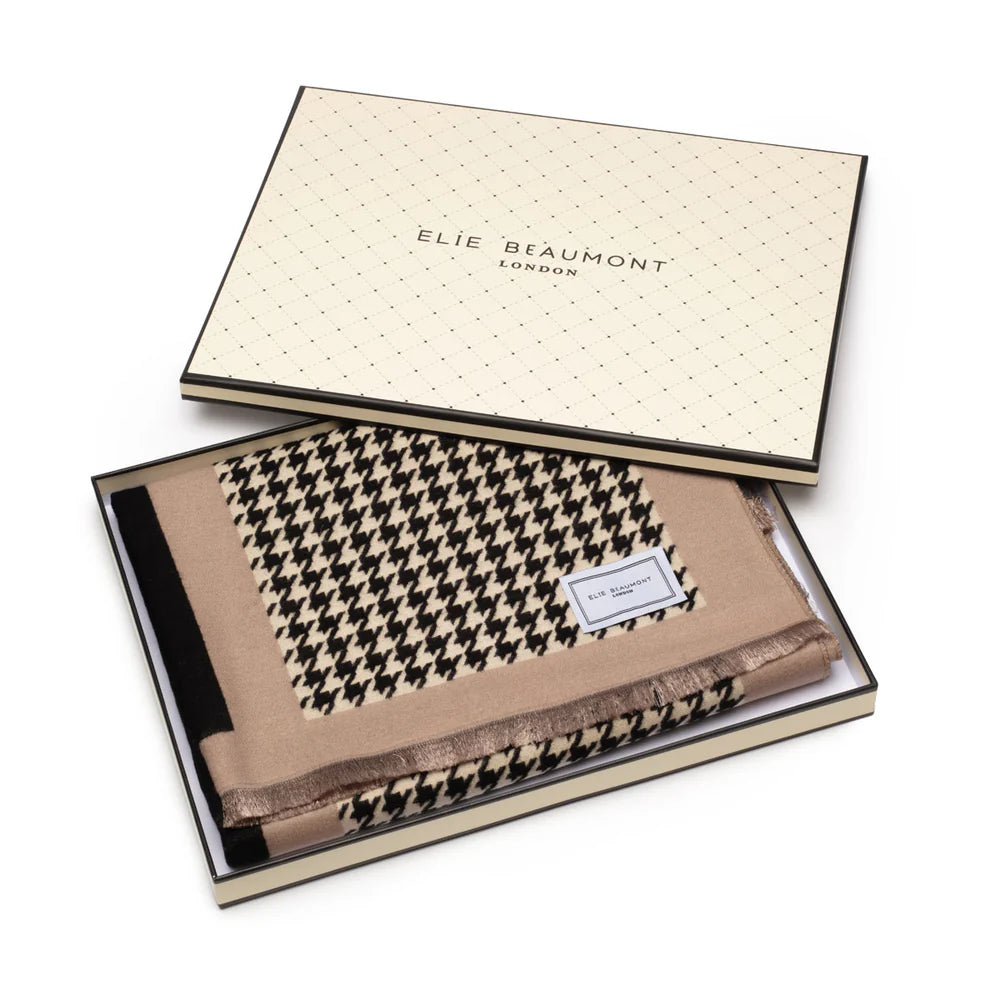 Elegant beige and black houndstooth scarf by Elie Beaumont London in branded gift box
