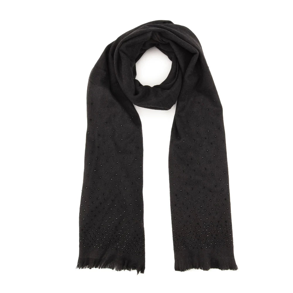 Elite Black Cascade winter scarf with subtle dots and frayed edges