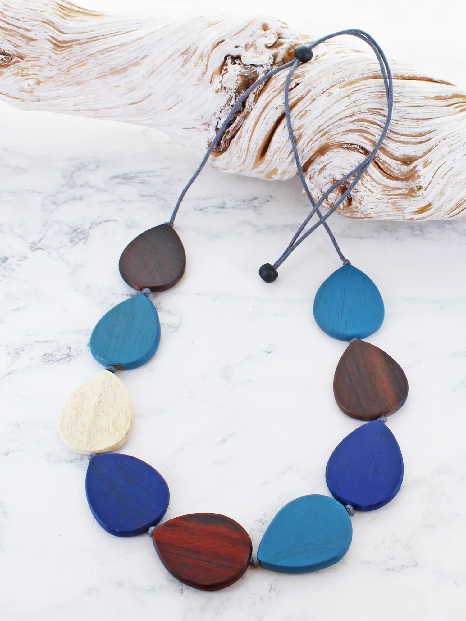 Wooden Teardrop Necklace Blue
