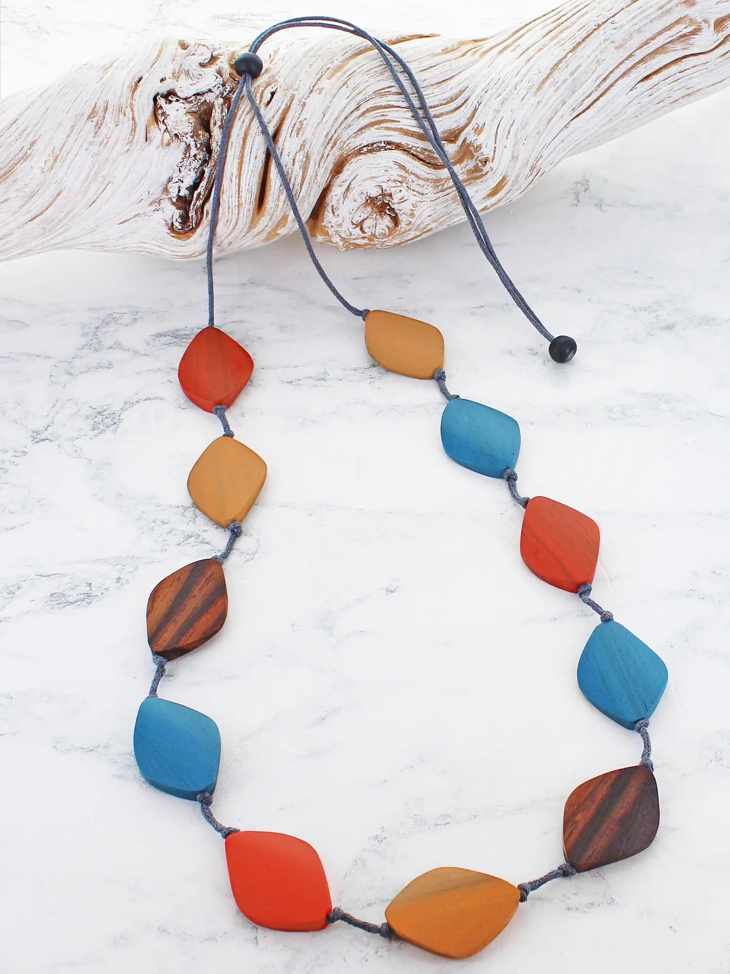 Blue Long Wooden Diamond Necklace