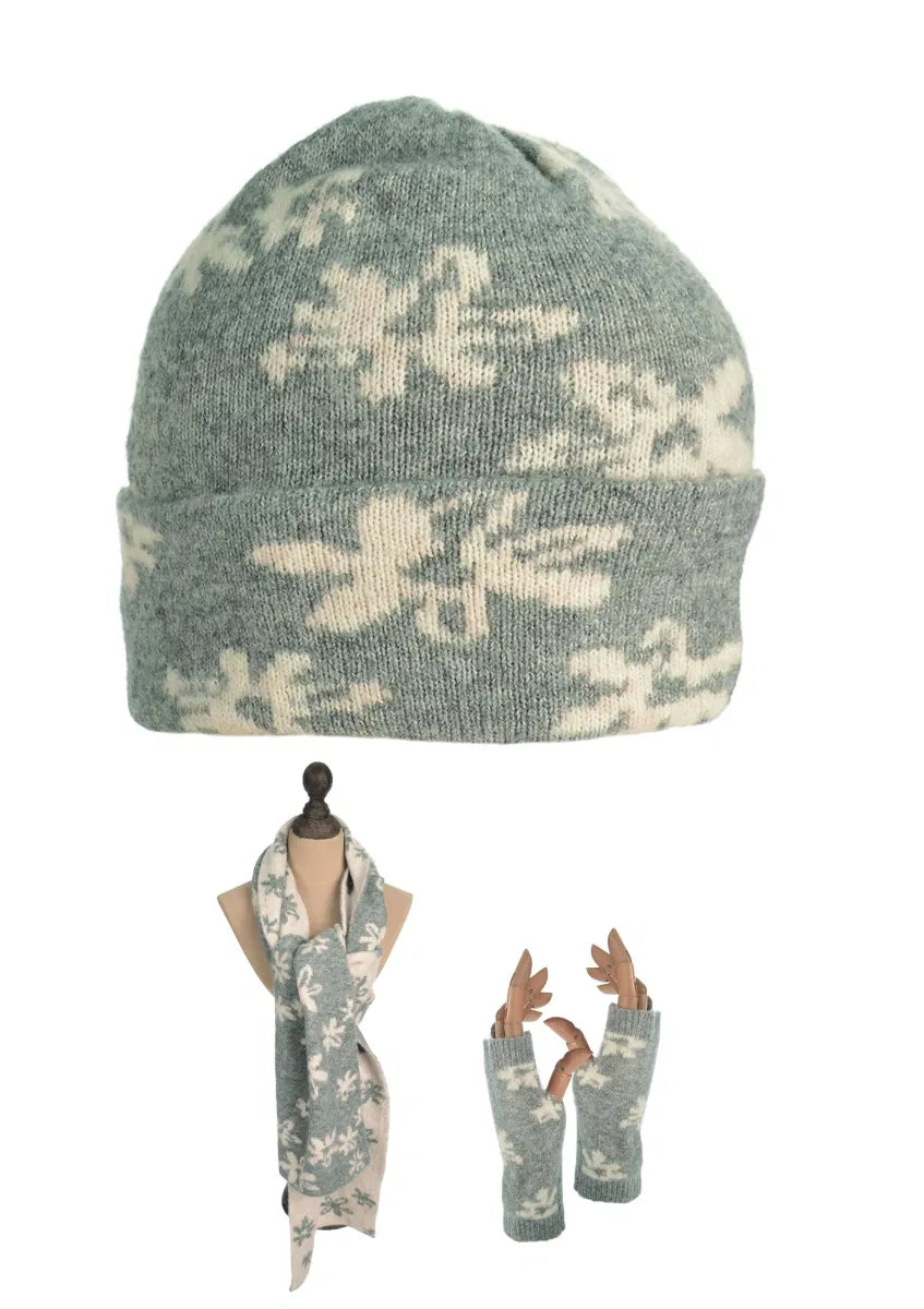Grey/Winter White Flower Beanie