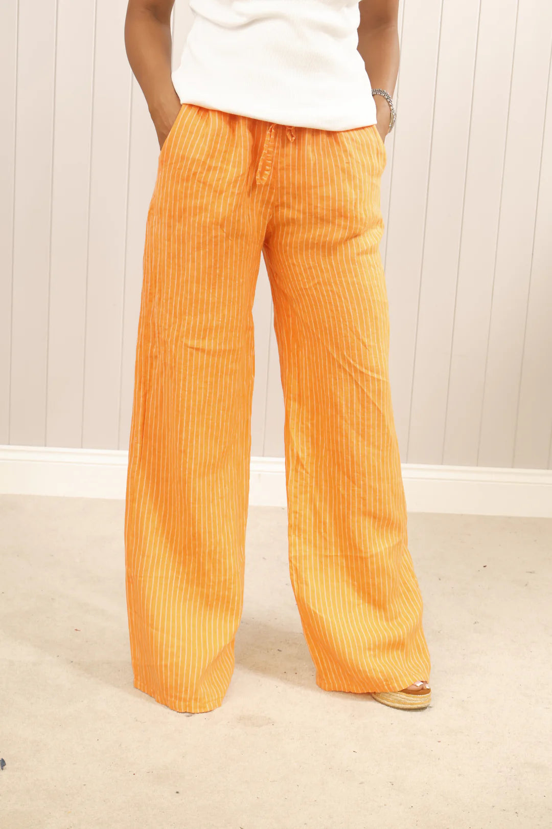 Orange Linen Stripe Tie Waist Trousers