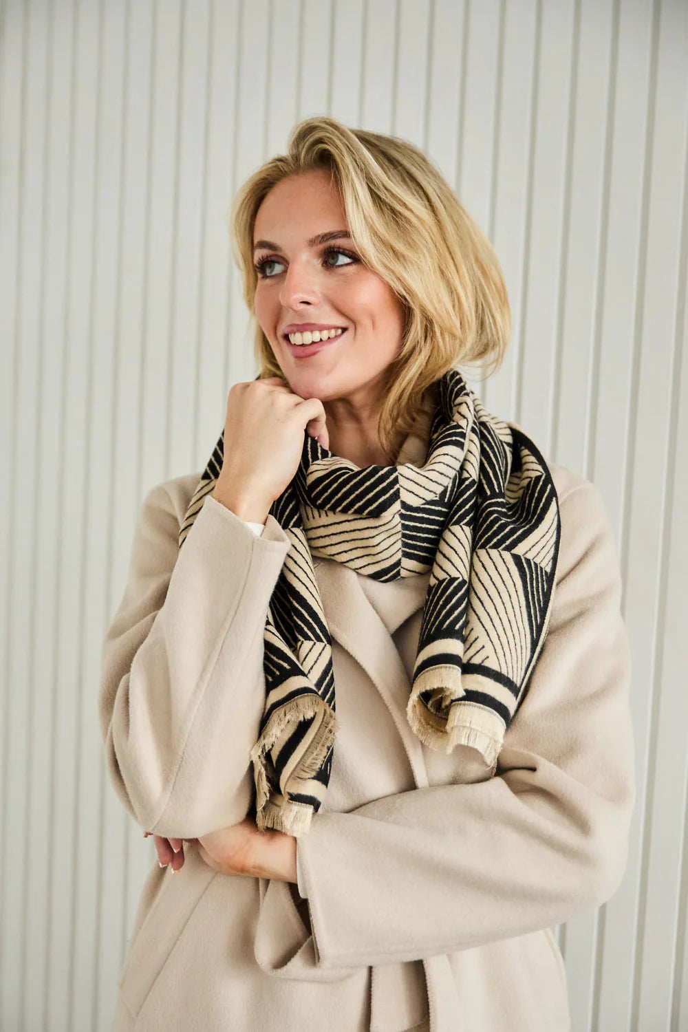 Stylish Black + Ivory Mosaic Scarf with geometric pattern and frayed edges