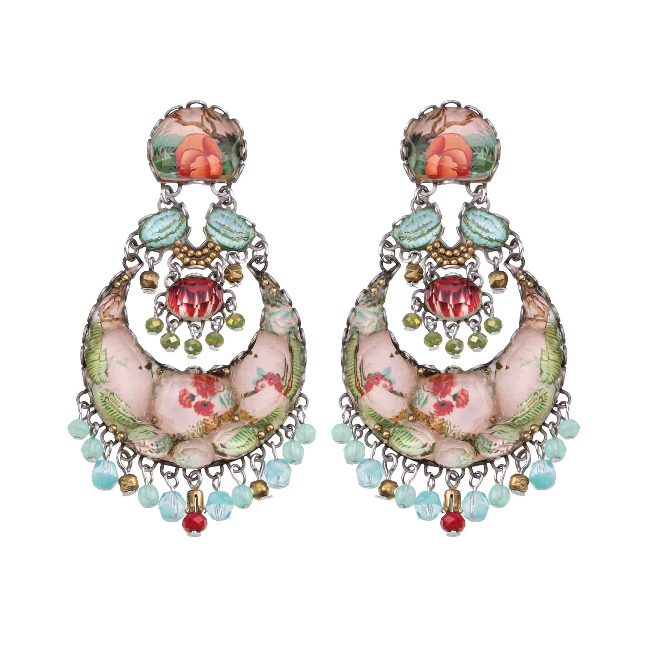 Green/blue stone flower garden earrings