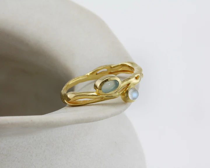 Aqua Chalcedony and Rainbow Moonstone gold ring