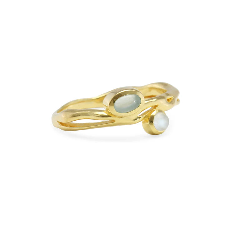 Aqua Chalcedony and Rainbow Moonstone gold ring