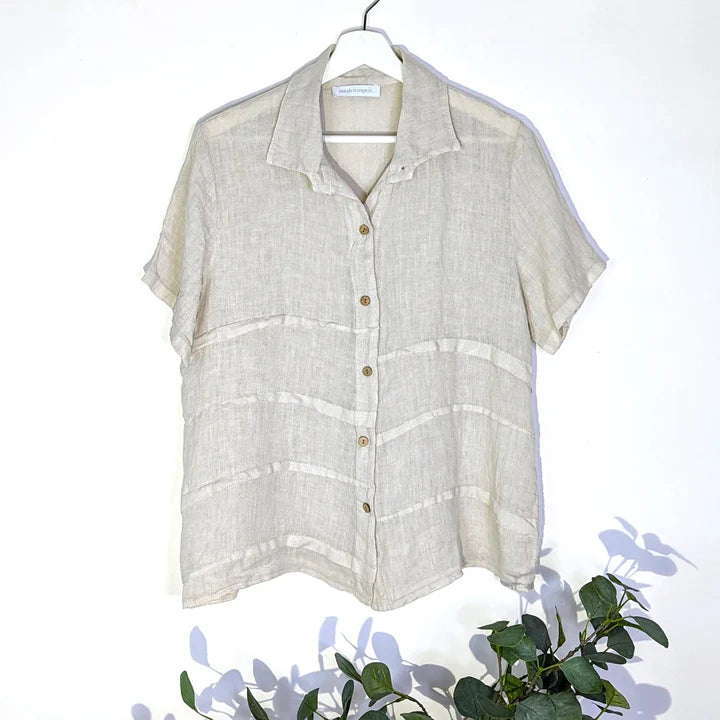 Beige Button Short Sleeve Linen top