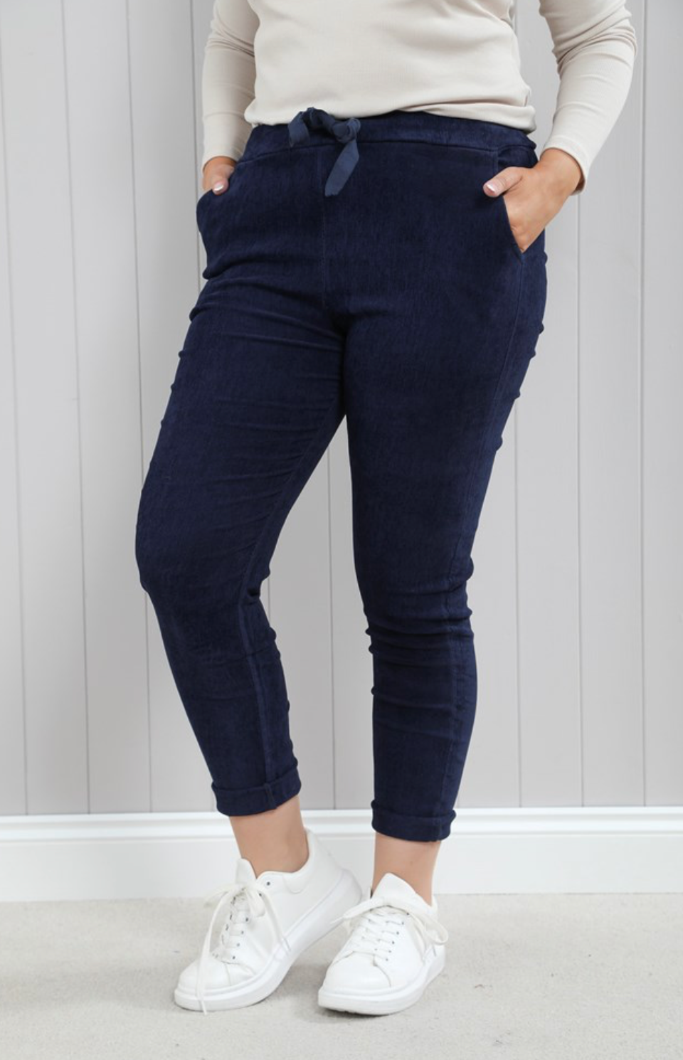 Navy Fine Cord Magic Pants: stretchy jogger pants with drawstring waist and rolled cuffs