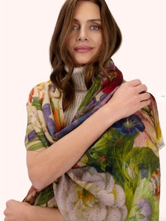 Autumn Posy Wool Wrap Scarf: woman in vibrant floral green, purple, pink